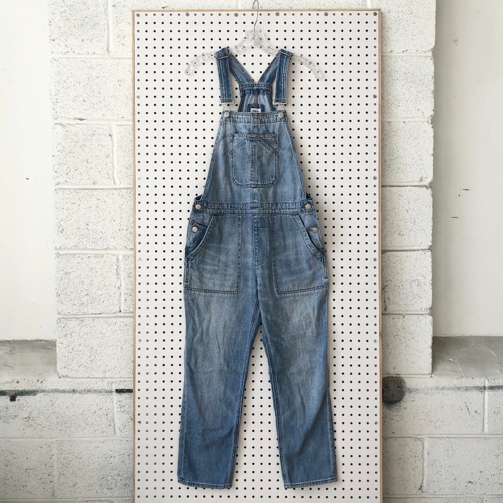 gap straight leg light wash denim overalls